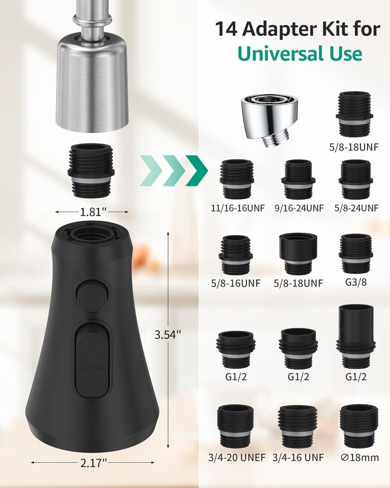 Mbillion Universal Matte Black Kitchen Faucet Spray Head Replacement, 3 Function ABS Sink Faucet Head, Pull-Down Nozzle with 14 Adapters, Compatible with Moen, Delta, Kohler, WEWE American Standard - Image 2